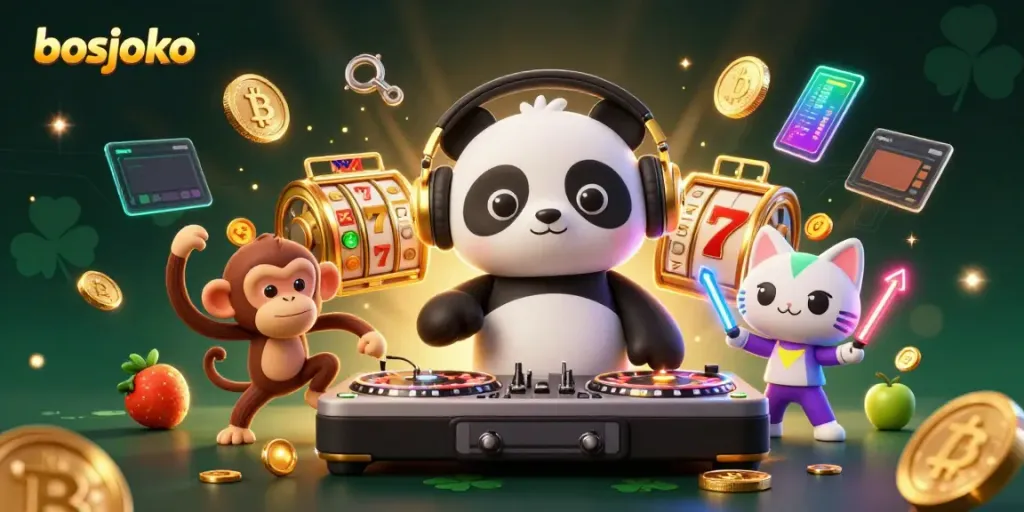 Spin to win at bosjoko: A vibrant 3D scene with DJ panda, monkey dancer, and glowing elements.