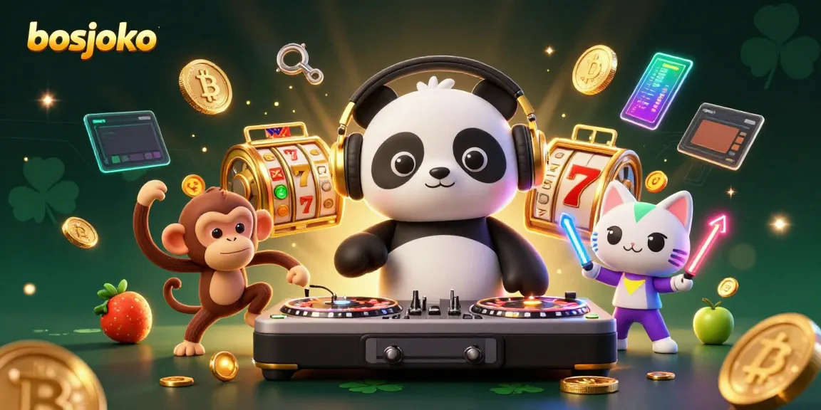 Spin to win at bosjoko: A vibrant 3D scene with DJ panda, monkey dancer, and glowing elements.