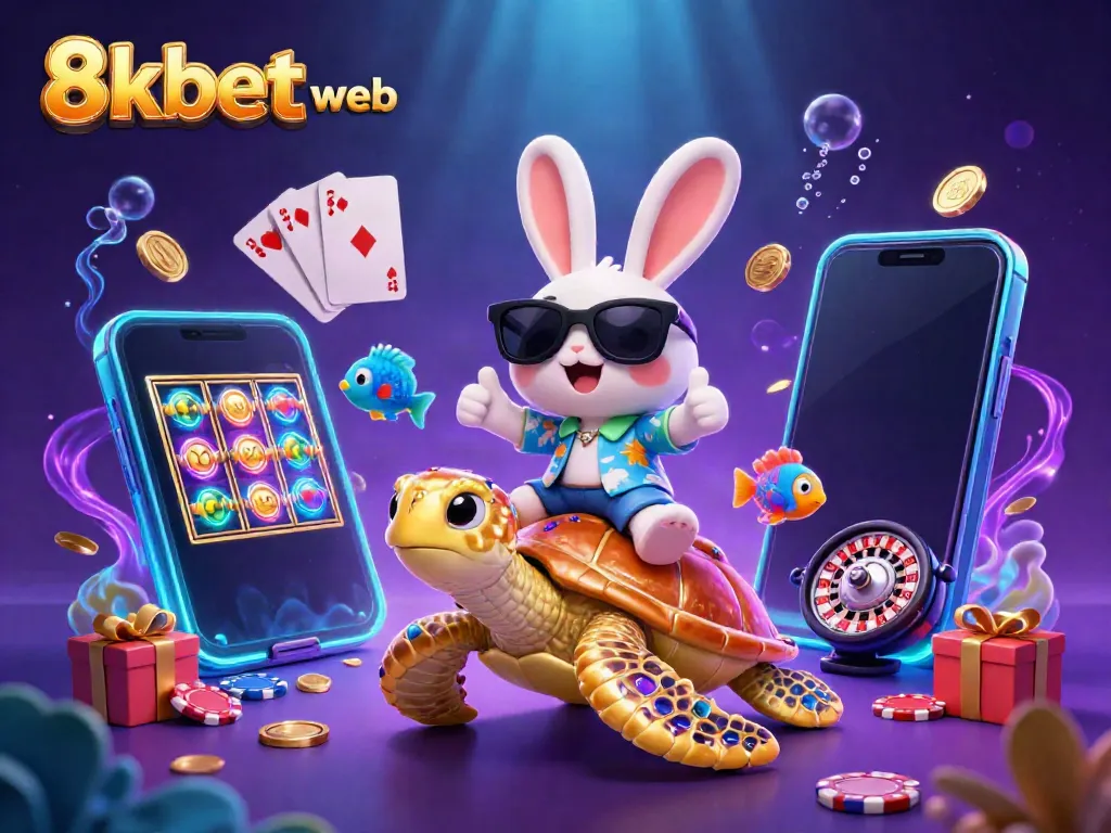 Engage with exciting slot games and jackpots at 8xbet web with colorful illustration featuring a lucky rabbit and sea turtle.