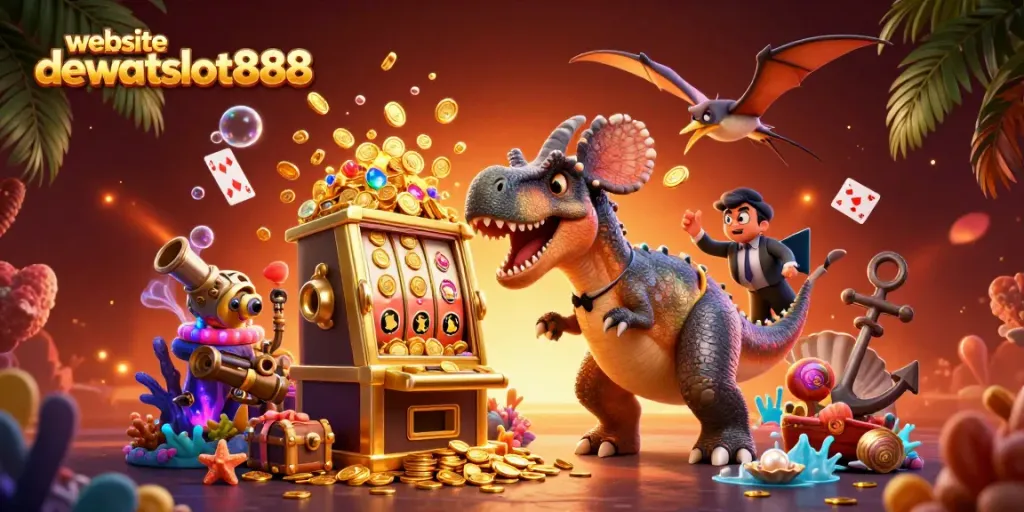 Momen menarik di website dewataslot888 dengan karakter kartun 3D yang menghidupkan mesin slot emas dengan koin jackpot.