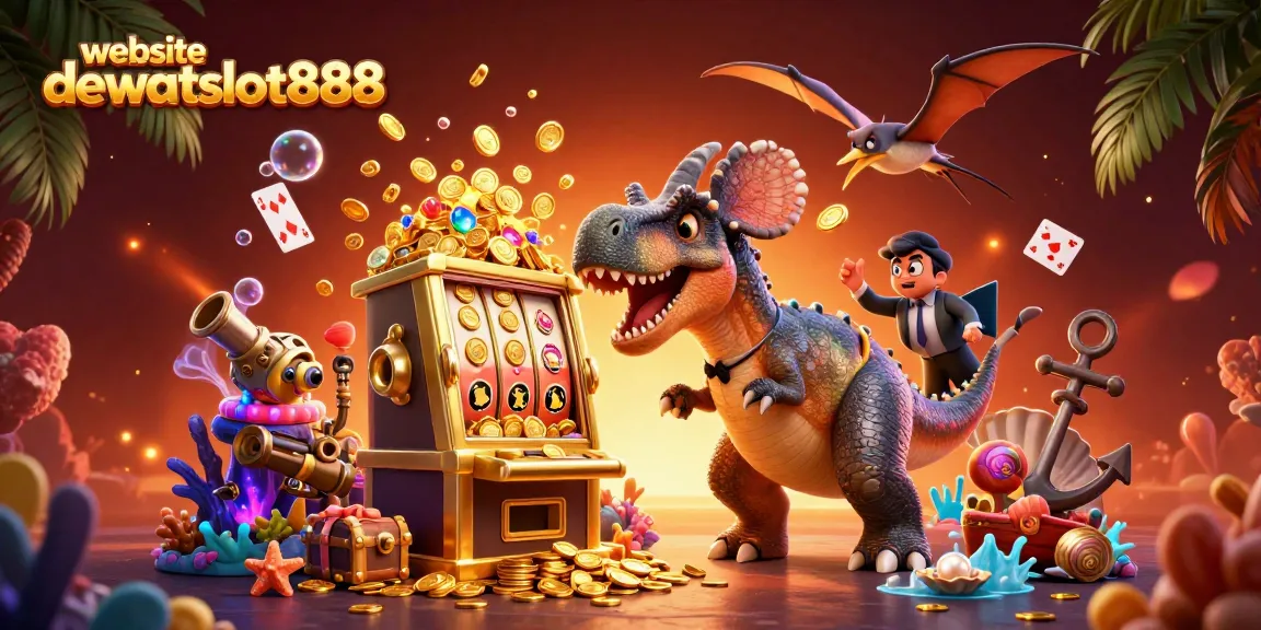 Momen menarik di website dewataslot888 dengan karakter kartun 3D yang menghidupkan mesin slot emas dengan koin jackpot.
