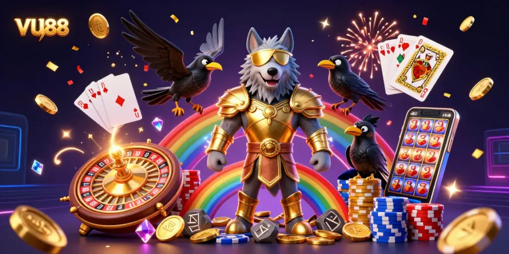 VU88 showcases a vibrant Norse-themed casino scene with Odin and slot features for gamers.