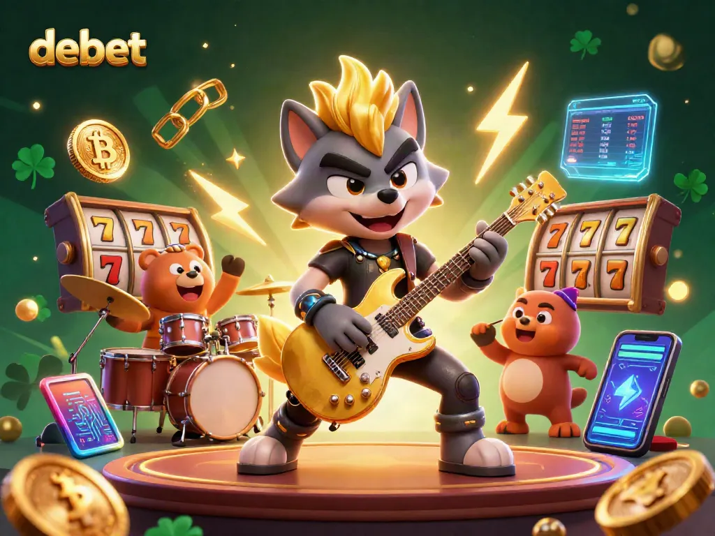 Experience debet excitement on stage with a wolf rock star, jackpot slots, and vibrant casino elements.