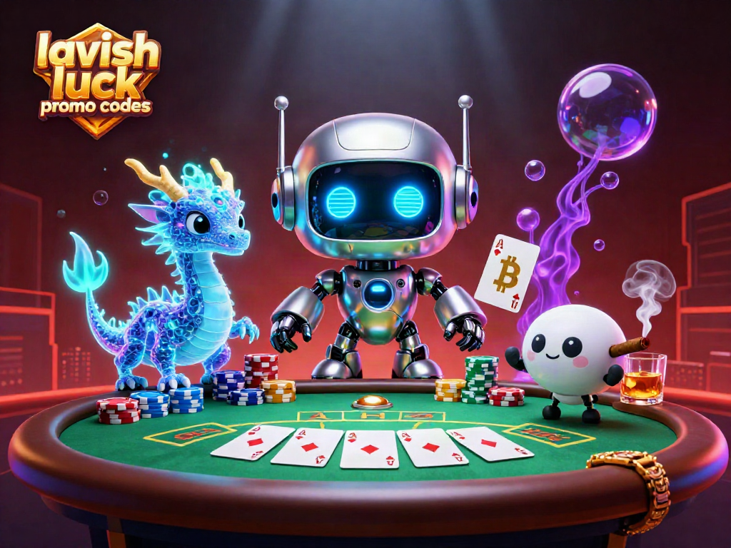Engage with lavish luck promo codes through an exciting virtual casino scene featuring a vibrant poker setup and unique characters.
