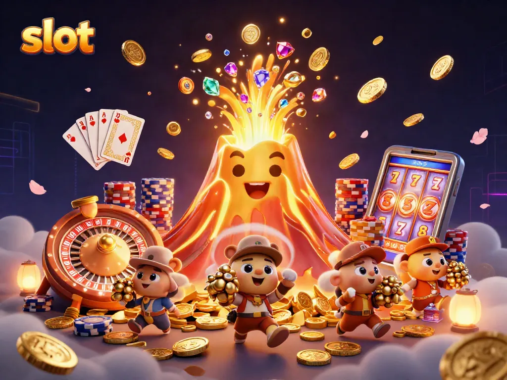 Win big at slot games with exciting treasures and a magical volcano scene.
