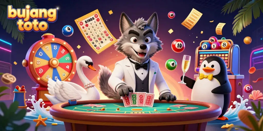 Win big with bujang toto, featuring a debonair wolf, elegant swan, and penguin sommelier in a lively online casino setting.