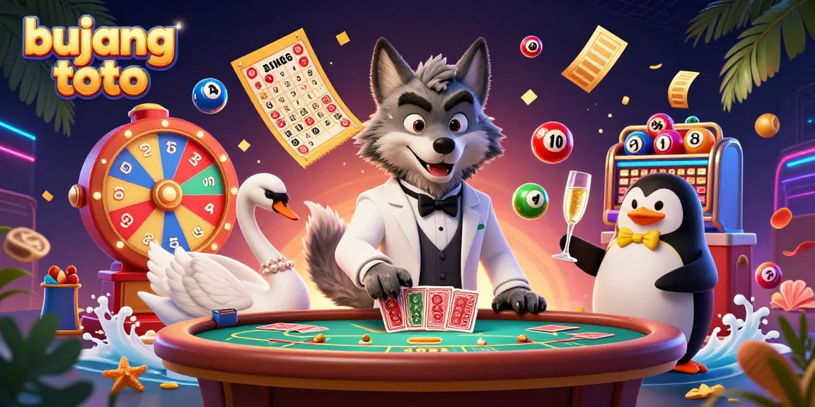Win big with bujang toto, featuring a debonair wolf, elegant swan, and penguin sommelier in a lively online casino setting.