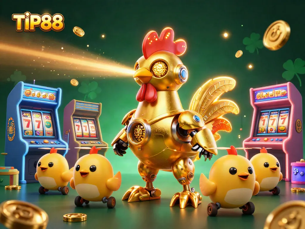 Engage in thrilling gameplay at TIP88, featuring a golden rooster robot and baby chick drones amid vivid casino elements.