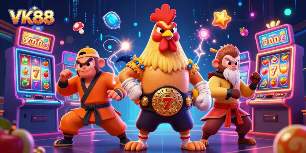 Witness VK88's thrilling action as a Muay Thai rooster and martial artists engage in an electrifying casino atmosphere.