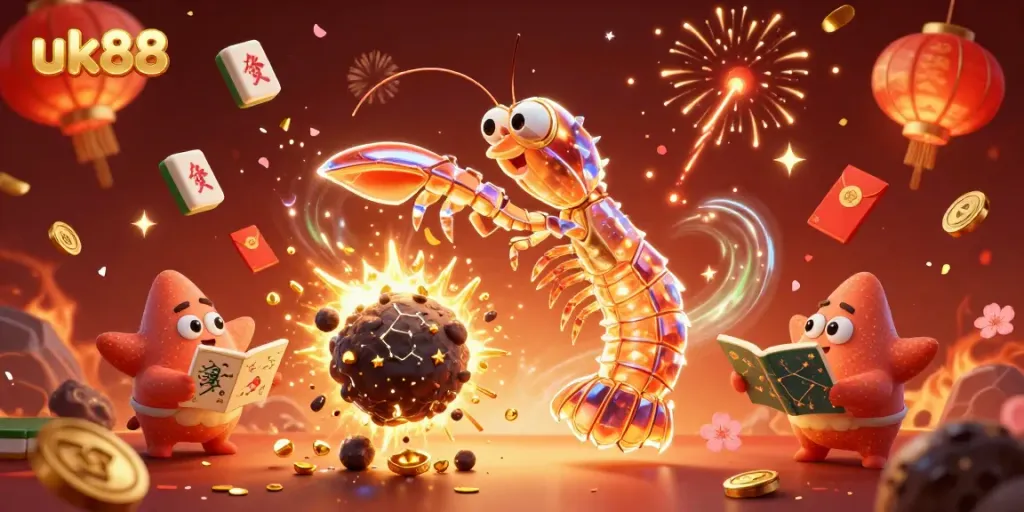 Engage with thrilling games at uk88, featuring an exciting 3D scene with samurai mantis shrimp and treasure-rich elements.