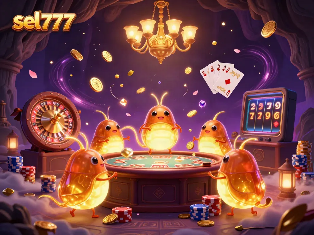 Experience the unique sel777 casino scene illuminated by glowworms and a bat dealer in vibrant colors.