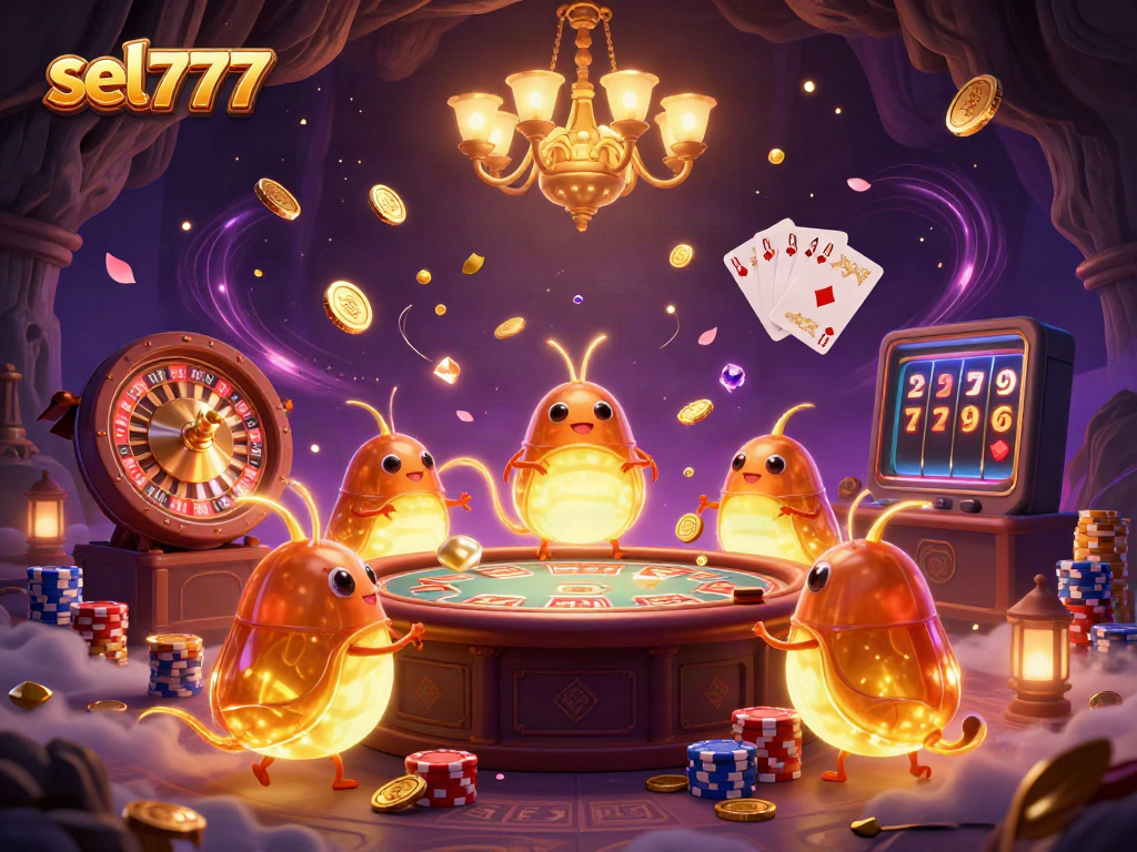 Experience the unique sel777 casino scene illuminated by glowworms and a bat dealer in vibrant colors.
