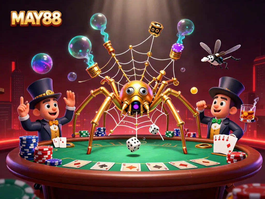 MAY88 showcases a steampunk spider and gentleman in a vibrant casino scene filled with poker elements.