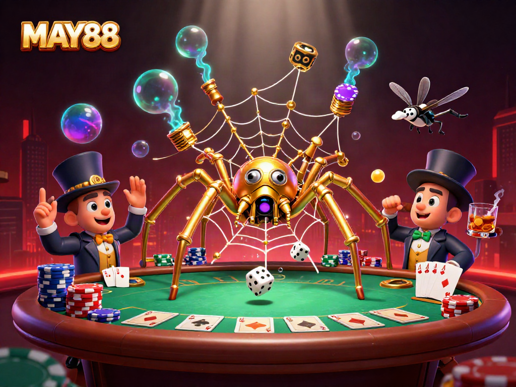 MAY88 showcases a steampunk spider and gentleman in a vibrant casino scene filled with poker elements.