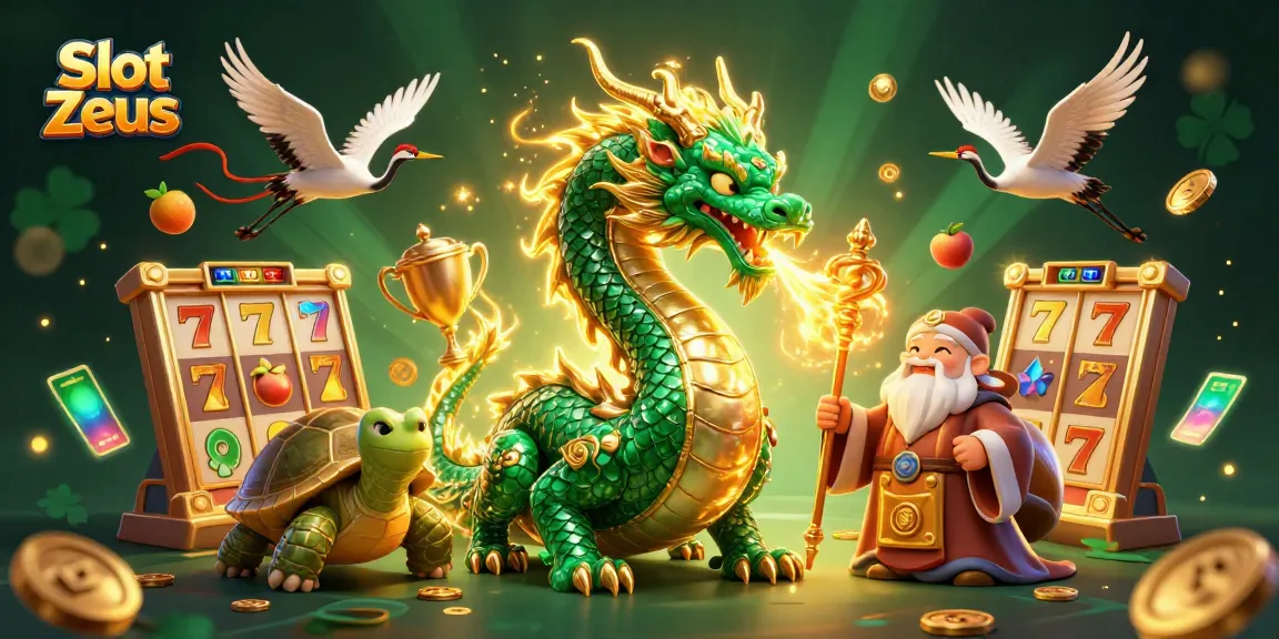 Mendapatkan keberuntungan dengan Slot Zeus, menyaksikan naga hijau dan simbol slot berkilau sekaligus.