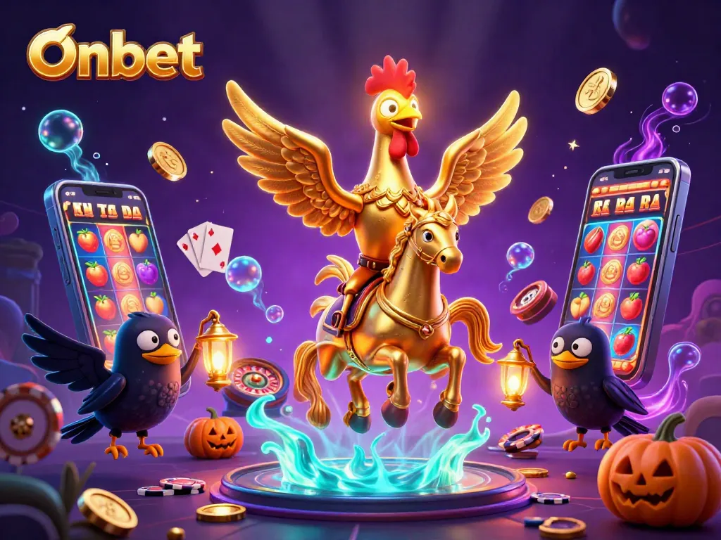 Engage with Onbet's vibrant casino experience featuring a golden rooster and slot games.