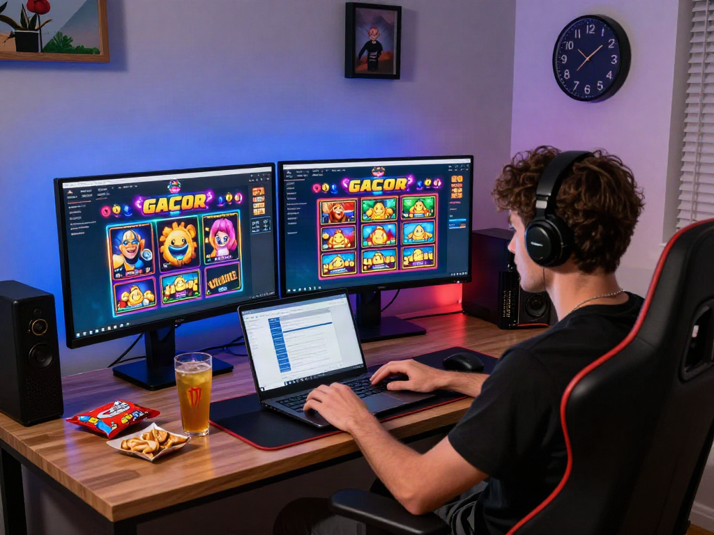 Player enjoying a thrilling slot online gacor experience at home office