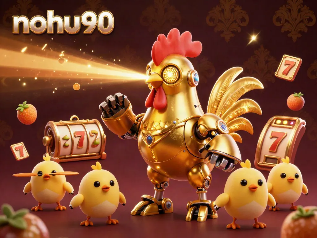 Experience nohu90's thrilling jackpot scene with a golden rooster robot, slot elements, and animated crypto visuals.