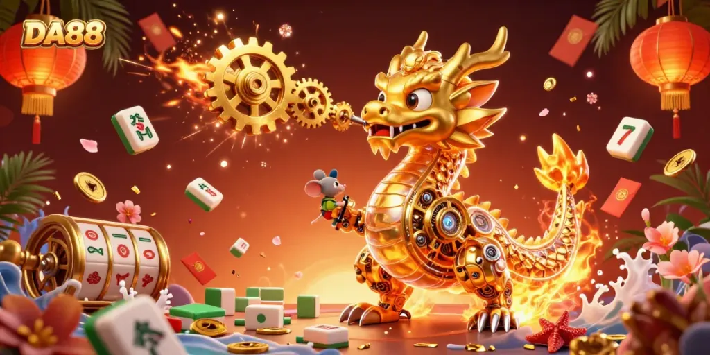 Experience the thrill of DA88 with a vibrant 3D illustration featuring a golden dragon and dynamic gambling elements.